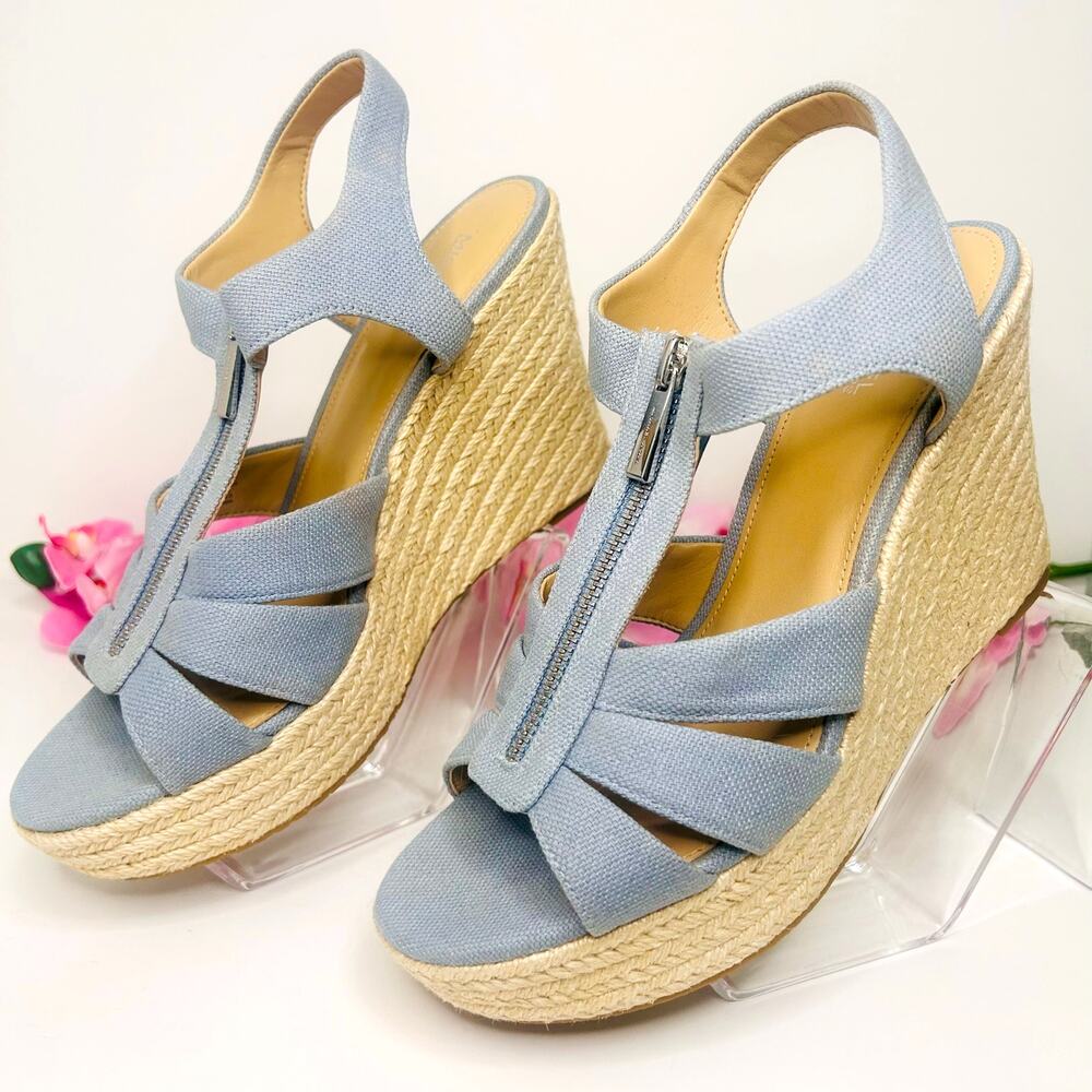 Michael Kors Berkley Espadrille Wedge Sandals 8.5M Blue Linen Zip Platform - Picture 8 of 17